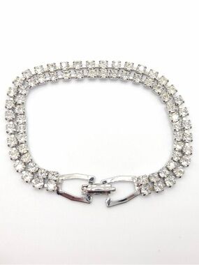 Vintage Silver Tone Double Strand Rhinestone Tennis Bracelet